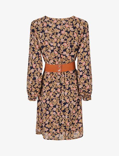 Robe mi-longue à imprimé fleuri et détail irisée - Marine - 2