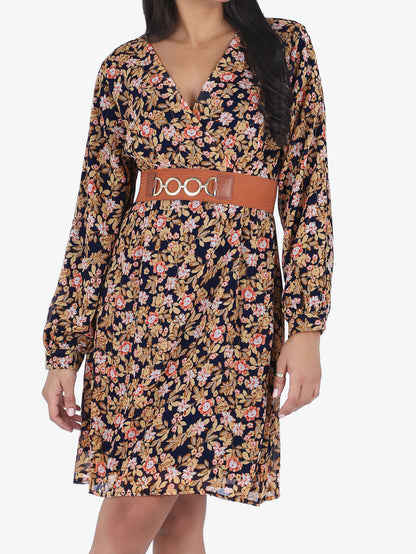 Robe mi-longue à imprimé fleuri et détail irisée - Marine - 4