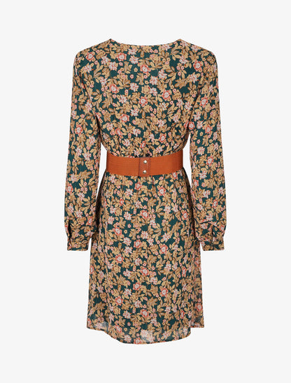 Robe mi-longue à imprimé fleuri et détail irisée - Vert - 2
