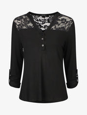 Top uni manches longues et dentelle - Noir - 4