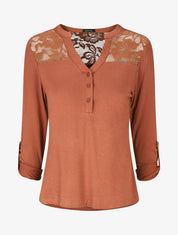 Top uni manches longues et dentelle - Camel - 1