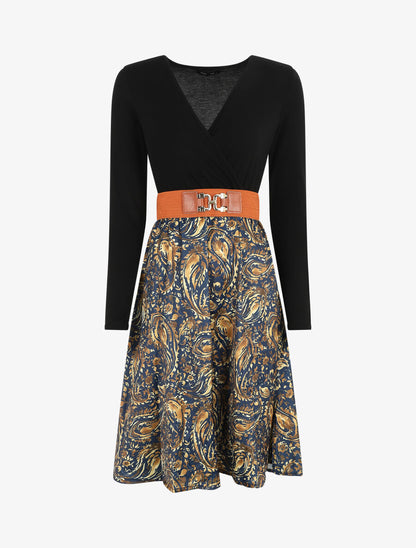 Robe évasée bi-matière imprimé cachemire - Marine - 4