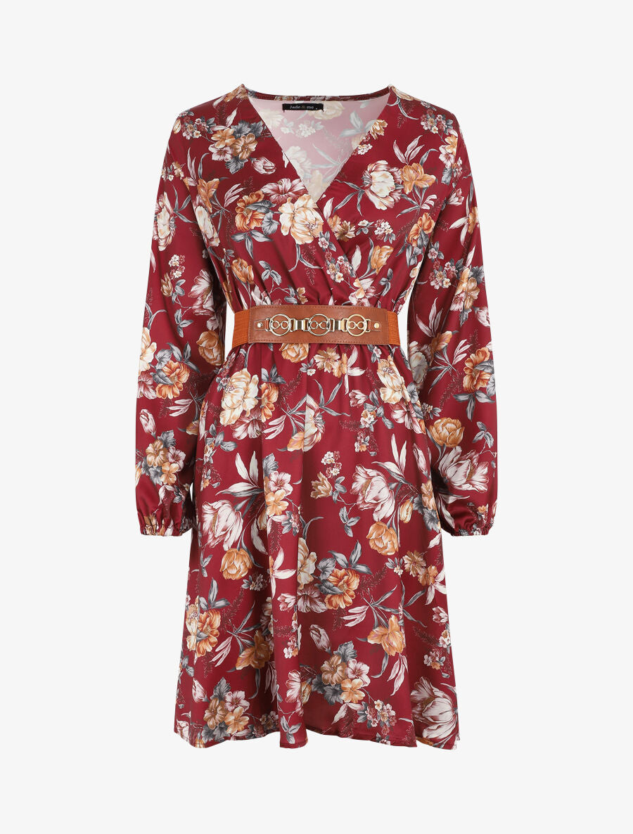 Robe satinée à imprimée floral - Bordeaux - 1