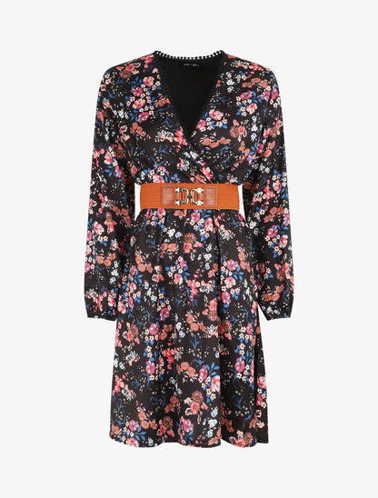 Robe satinée fleuri col cache-coeur - Noir - 1