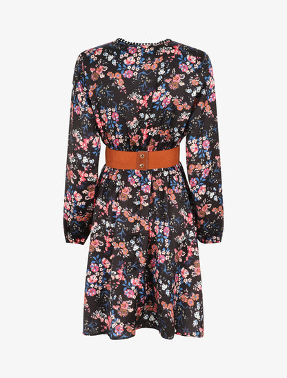 Robe satinée fleuri col cache-coeur - Noir - 2