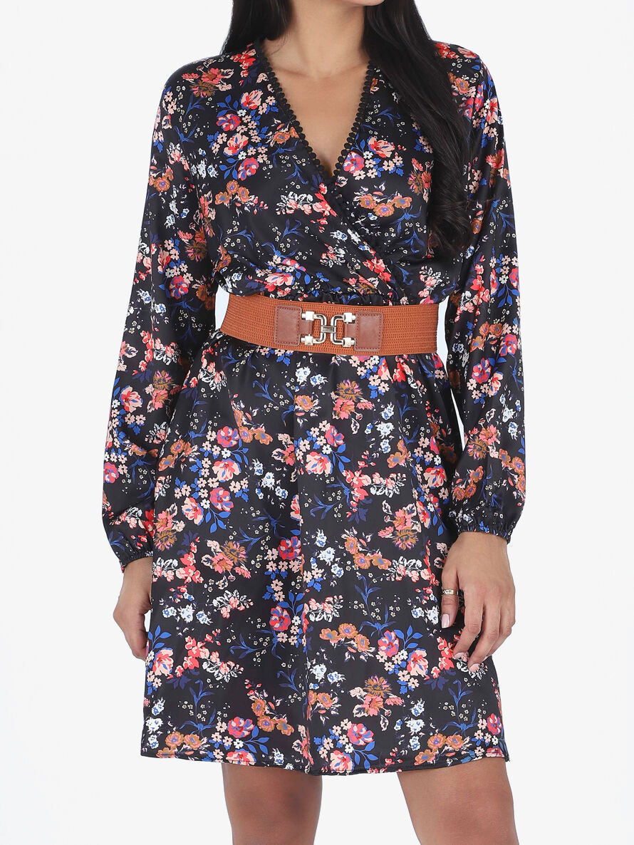 Robe satinée fleuri col cache-coeur - Noir - 4