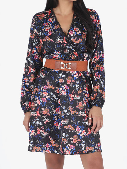 Robe satinée fleuri col cache-coeur - Noir - 4