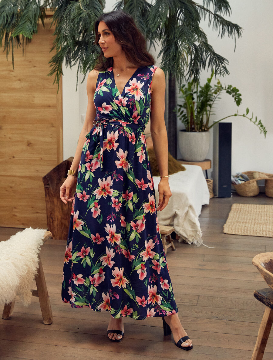 Robe longue à imprimé fleurs - Marine - 4