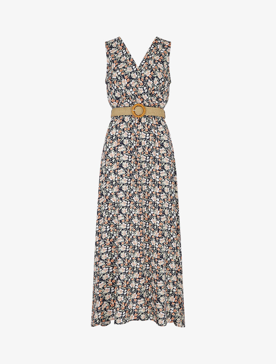 Robe longue à imprimé petites fleurs - Marine - 1