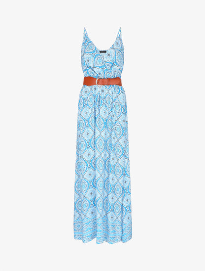 Robe longue empire à imprimé foulard - Bleu - 1