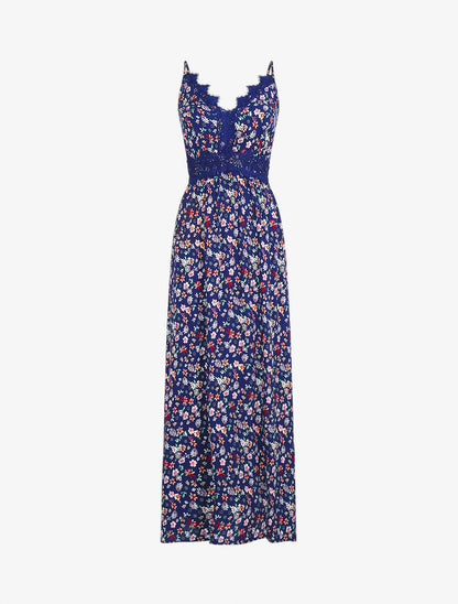 Robe longue à col dentelle et imprimé fleuri - Marine - 1