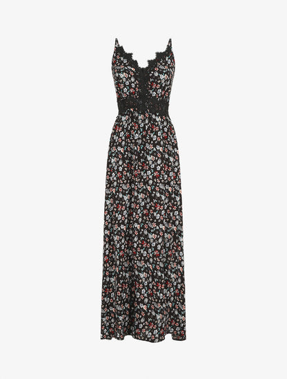 Robe longue à col dentelle et imprimé fleuri - Noir - 5