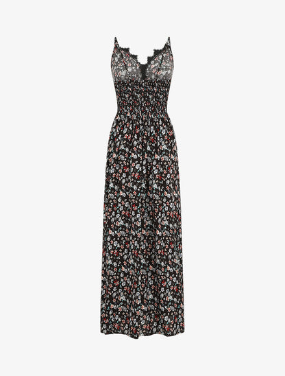Robe longue à col dentelle et imprimé fleuri - Noir - 2