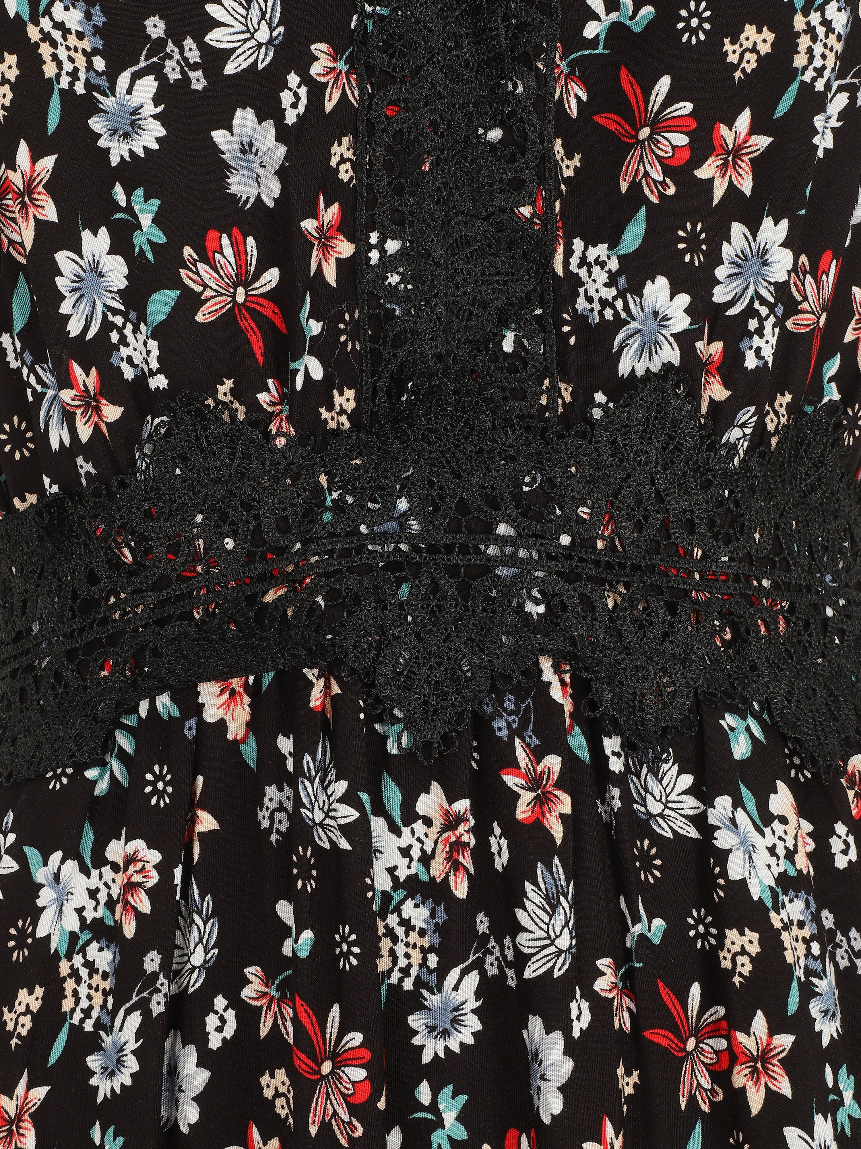 Robe longue à col dentelle et imprimé fleuri - Noir - 3