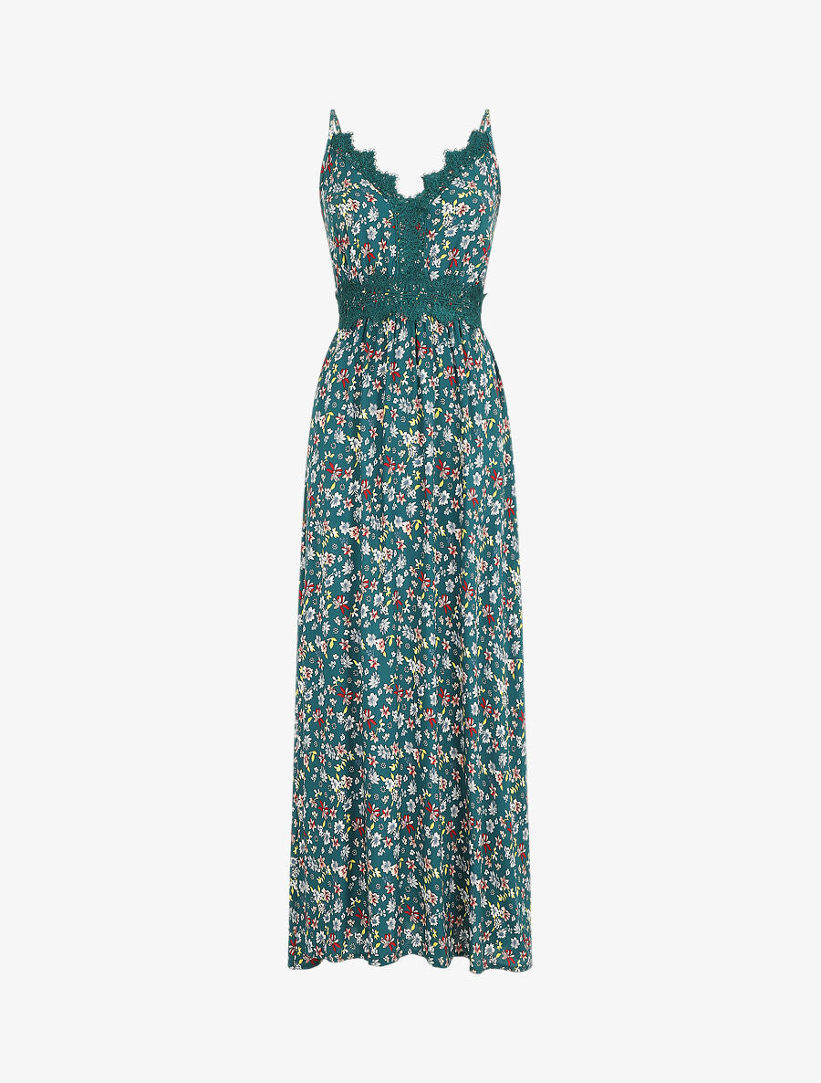 Robe longue à col dentelle et imprimé fleuri - Vert - 1