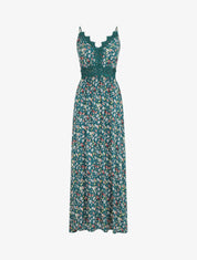 Robe longue à col dentelle et imprimé fleuri - Vert - 1