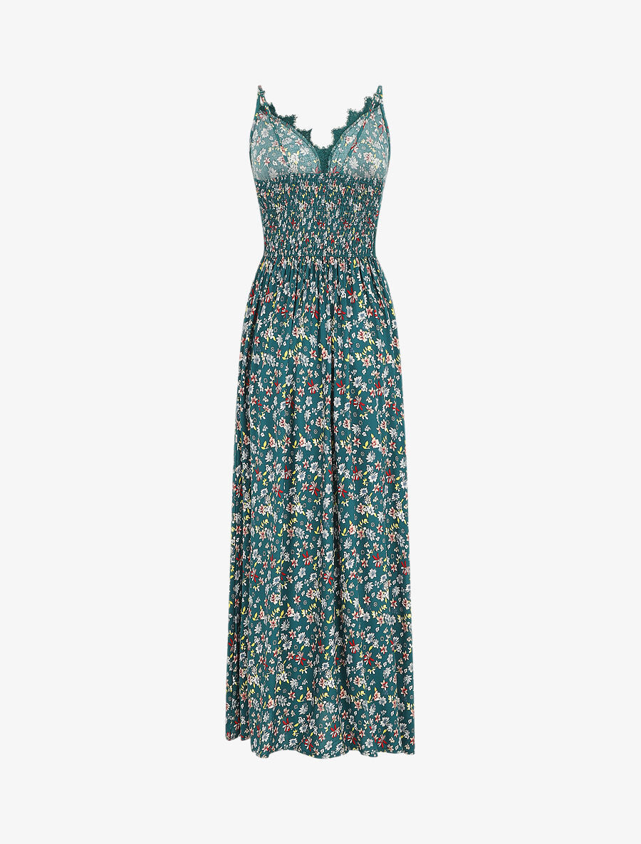 Robe longue à col dentelle et imprimé fleuri - Vert - 2