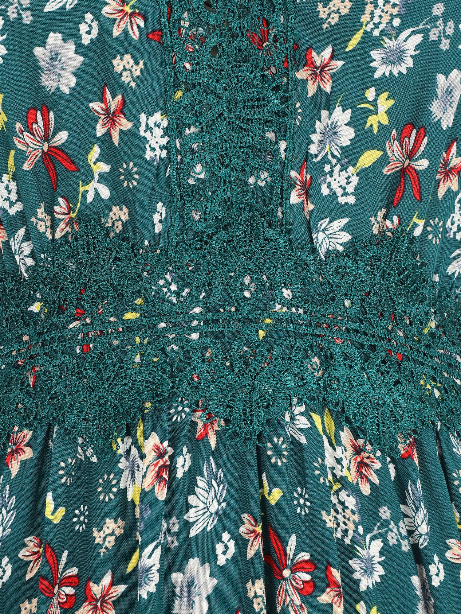 Robe longue à col dentelle et imprimé fleuri - Vert - 3