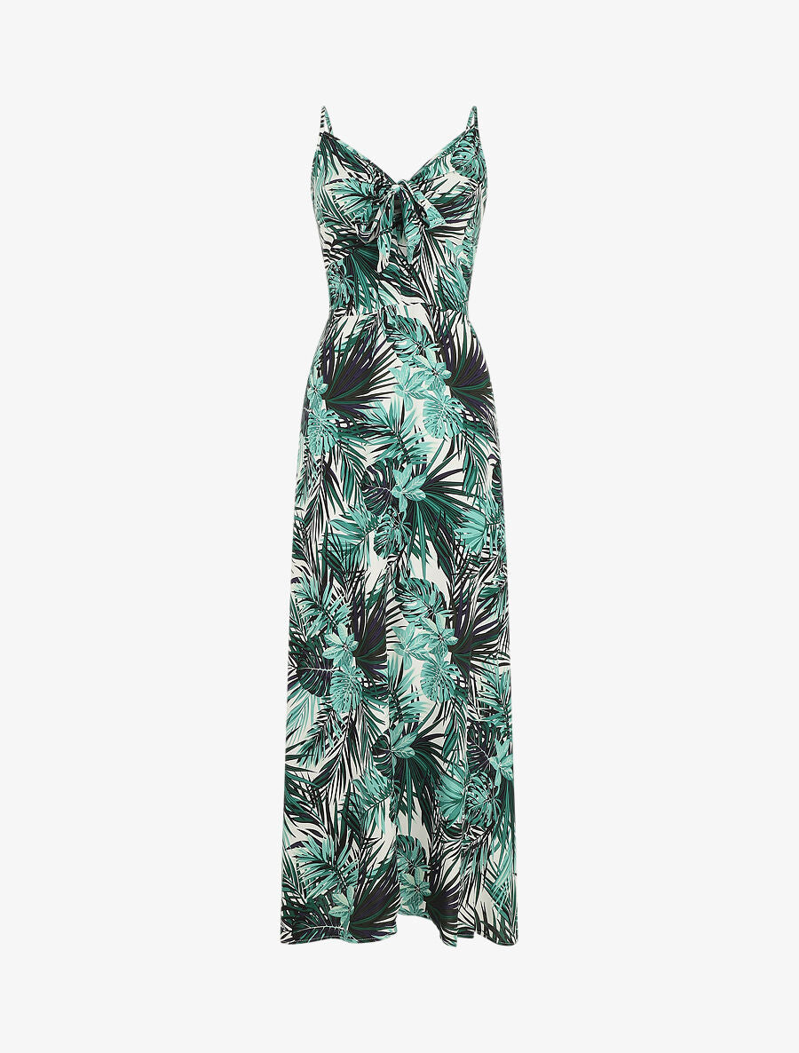 Robe longue imprimé feuillage et col à nouer - Blanc - 2