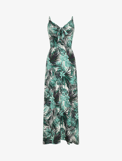 Robe longue imprimé feuillage et col à nouer - Blanc - 2