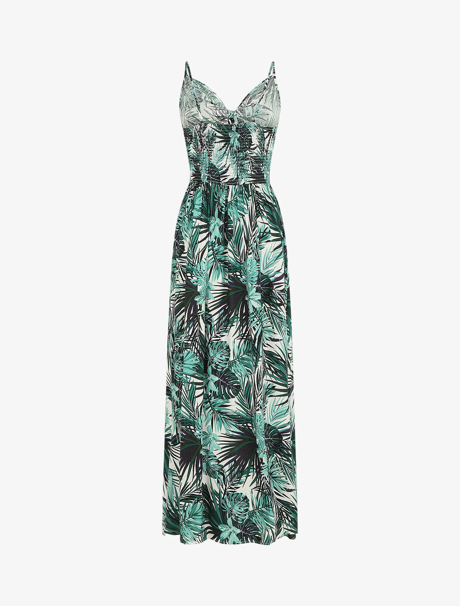 Robe longue imprimé feuillage et col à nouer - Blanc - 3