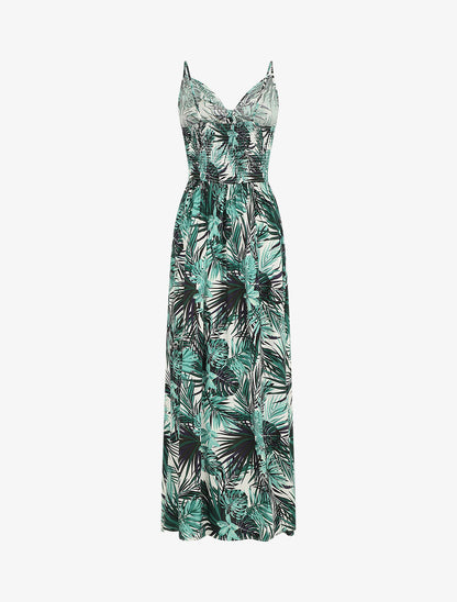Robe longue imprimé feuillage et col à nouer - Blanc - 3