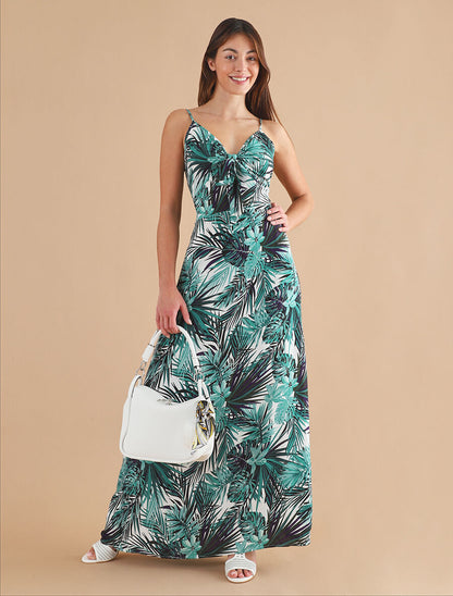 Robe longue imprimé feuillage et col à nouer - Blanc - 5