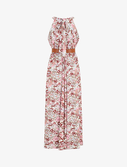 Robe longue empire à taille élastiquée - Rose - 2