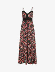 Robe longue à col dentelle et imprimé multi-fleurs - Noir - 1