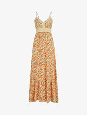 Robe longue à col dentelle et imprimé multi-fleurs - Beige - 1