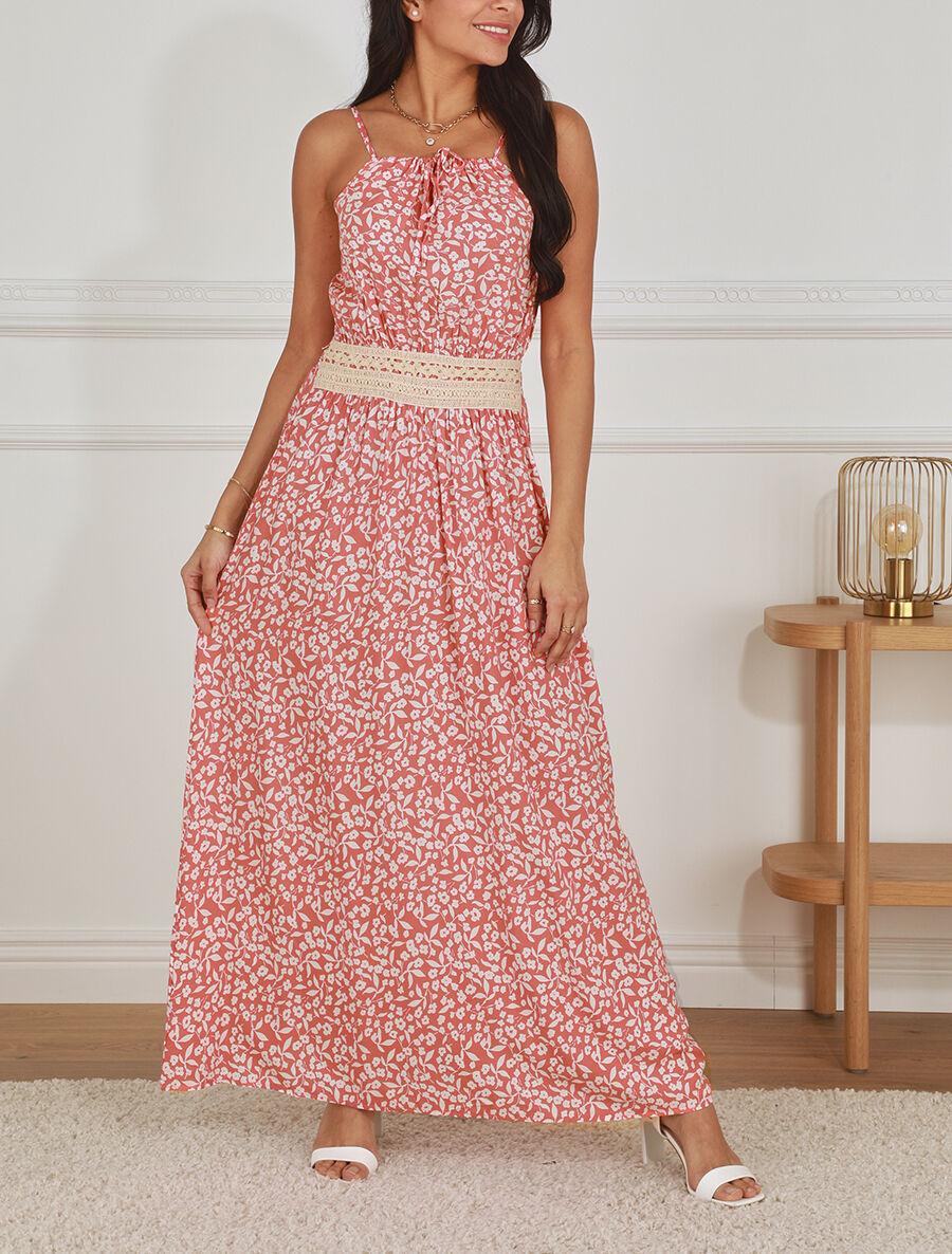 Robe longue à col américain et dentelle - Rose saumon - 4