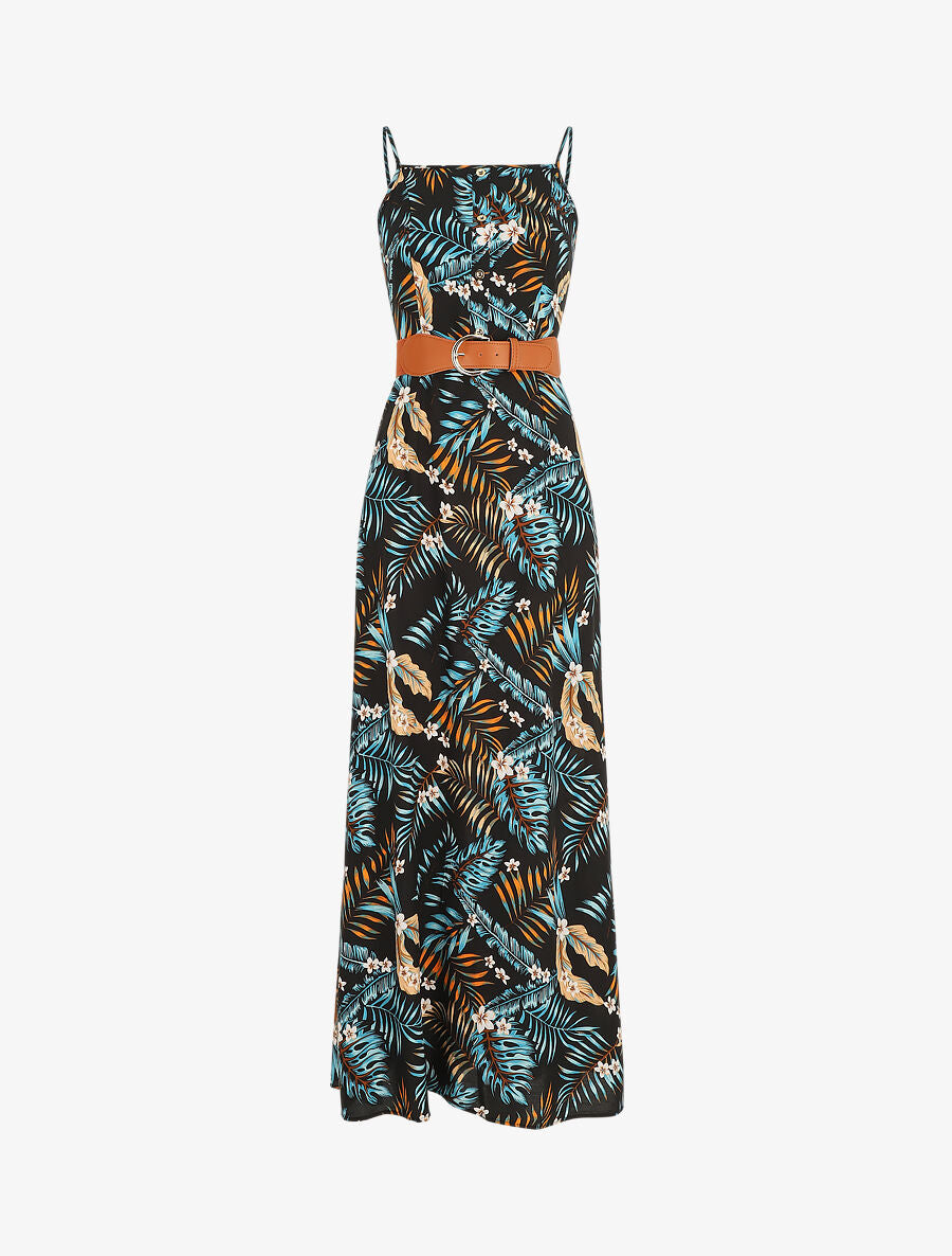 Robe longue droite à imprimé feuillage - Noir - 6