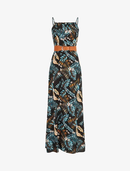 Robe longue droite à imprimé feuillage - Noir - 6