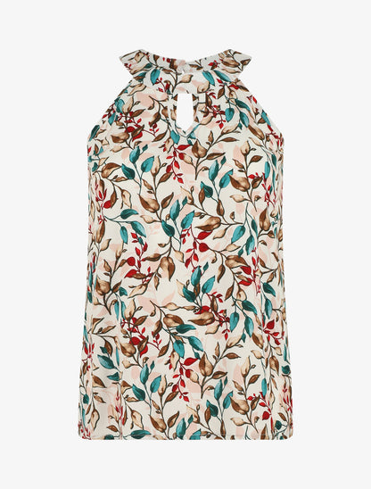 Top imprimé feuilles à col américain - Blanc - 1