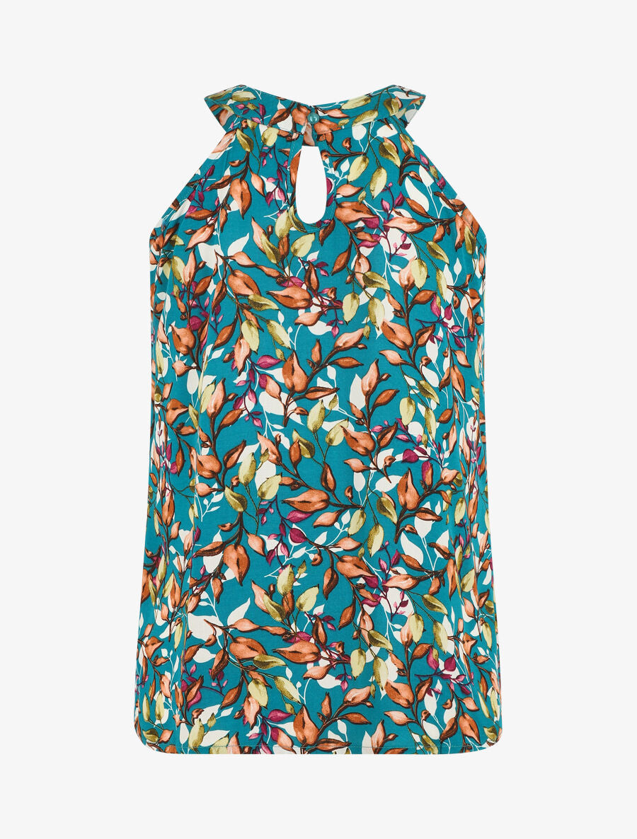 Top imprimé feuilles à col américain - Bleu canard - 2