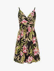 Robe mi-longue imprimé feuilles - Noir - 1