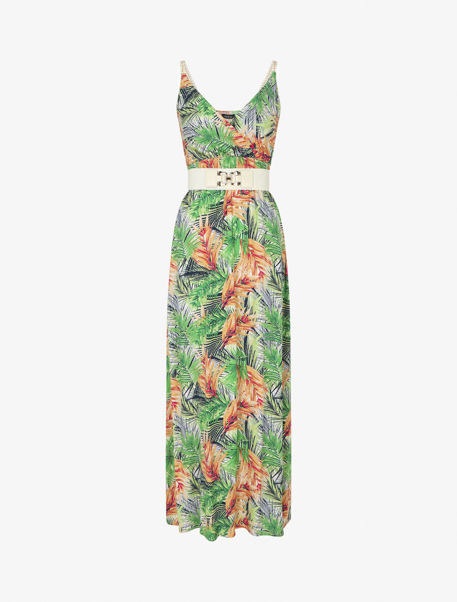 Robe longue élastiquée imprimé feuilles - Blanc - 2