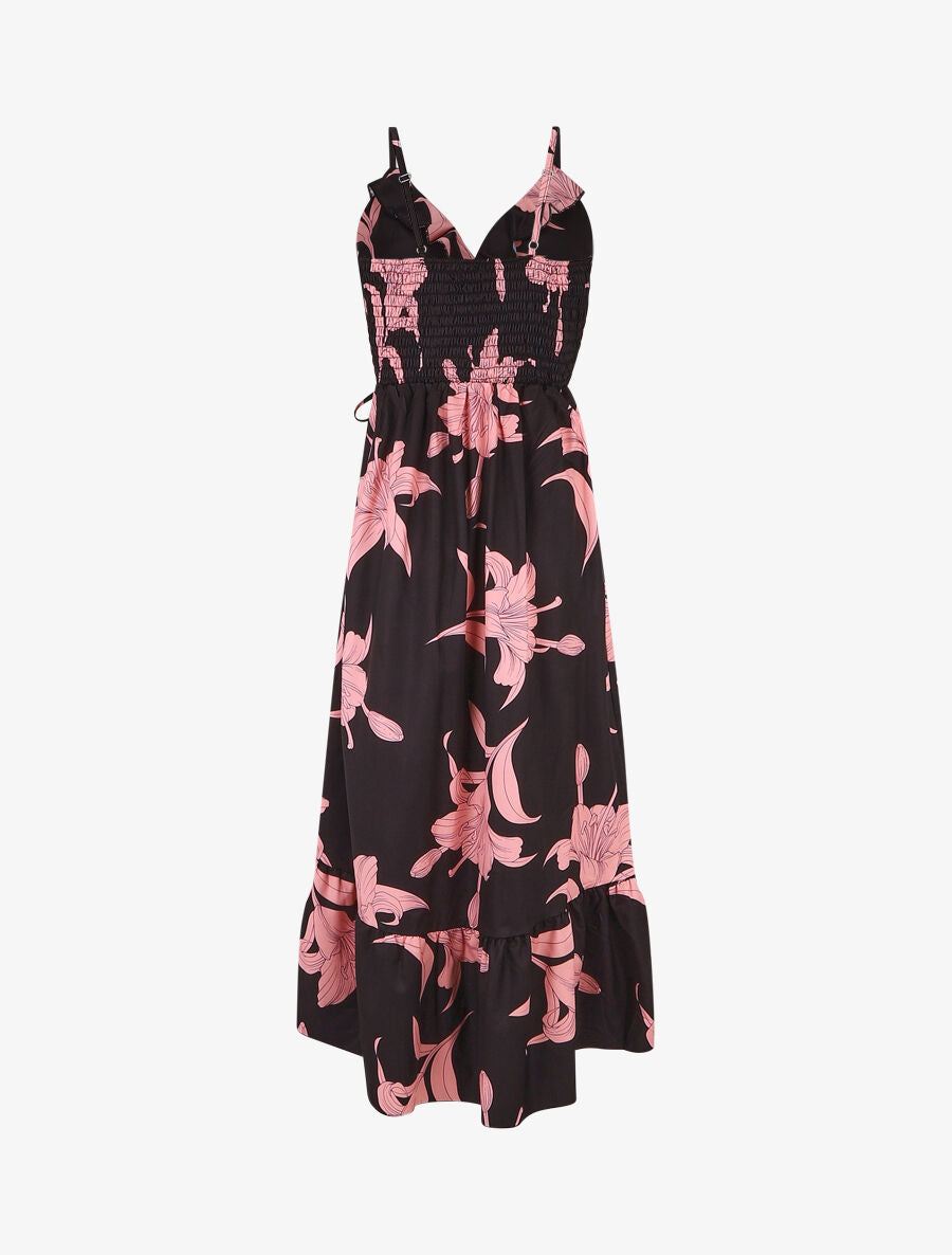 Robe longue asymétrique à imprimé grandes fleurs - Noir - 2