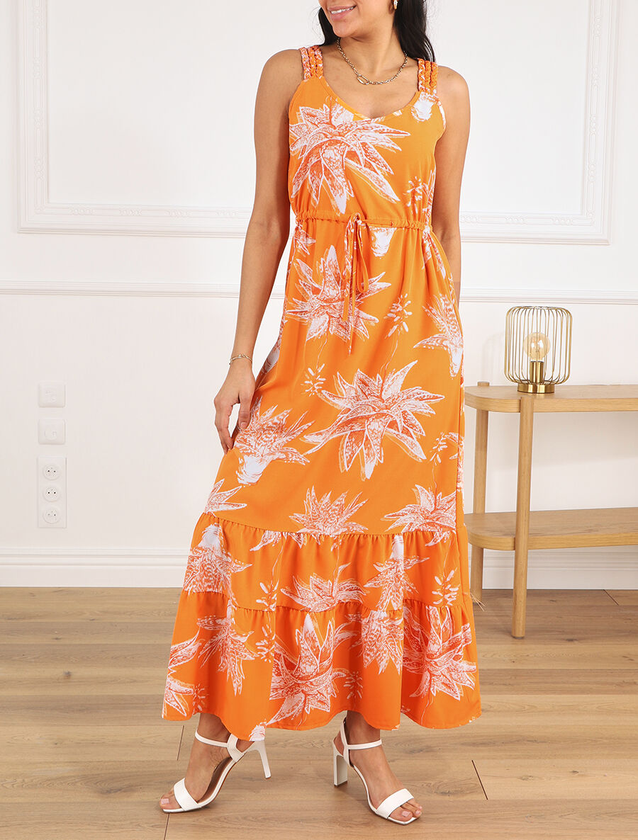 Robe longue droite à imprimé fleurs - Orange - 4