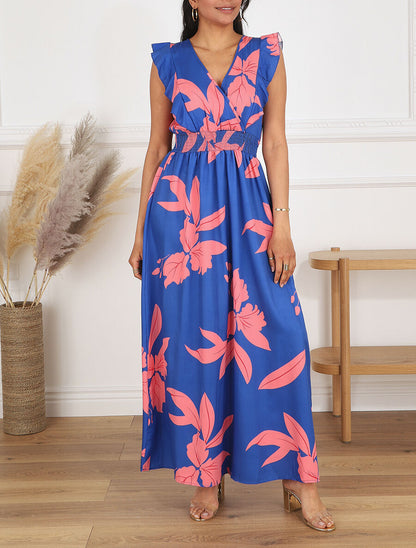 Robe longue motif végétal sans manches à volants - Bleu - 4