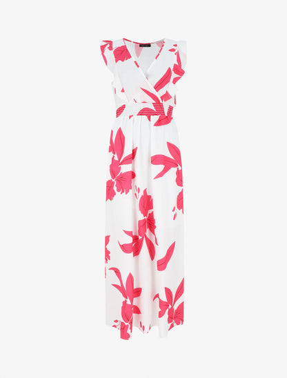 Robe longue motif végétal sans manches à volants - Blanc - 5
