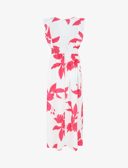 Robe longue motif végétal sans manches à volants - Blanc - 2