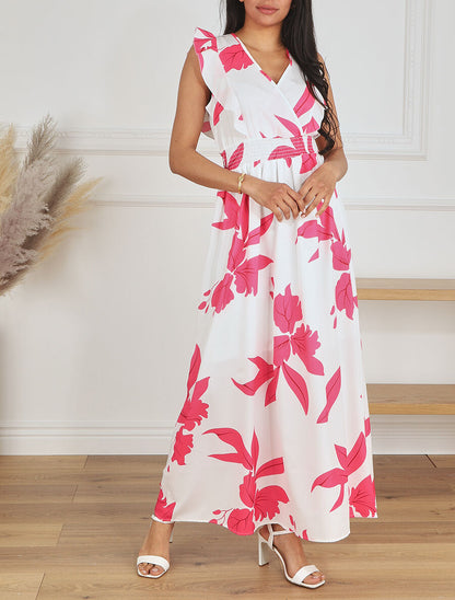 Robe longue motif végétal sans manches à volants - Blanc - 4
