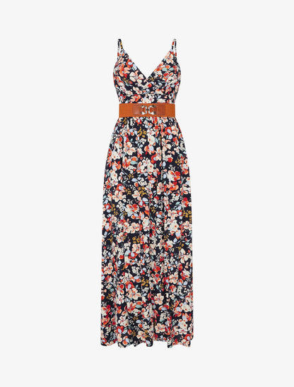 Robe longue imprimé fleurs printannières - Marine - 1