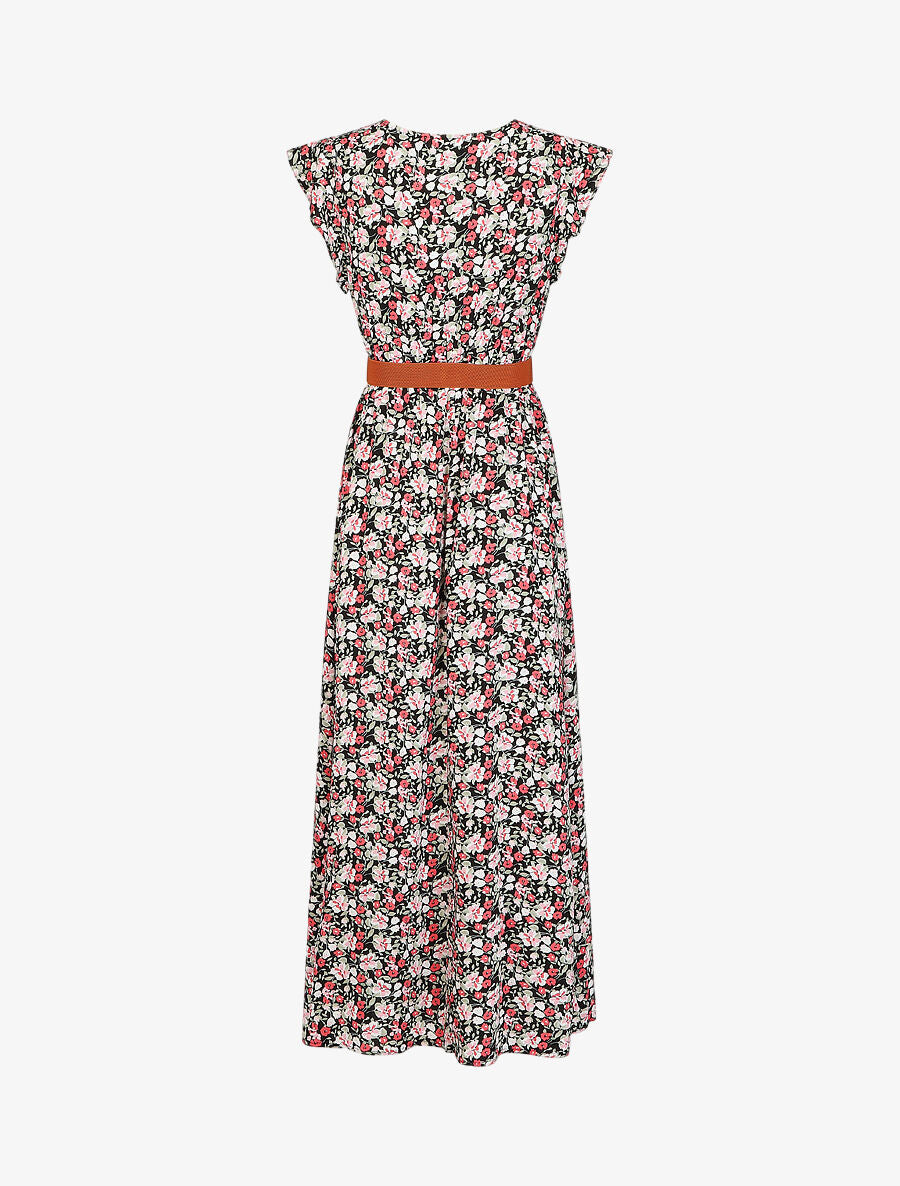 Robe longue imprimé petites fleurs à manches volantées - Noir - 2