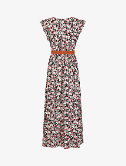 Robe longue imprimé petites fleurs à manches volantées - Noir - 2