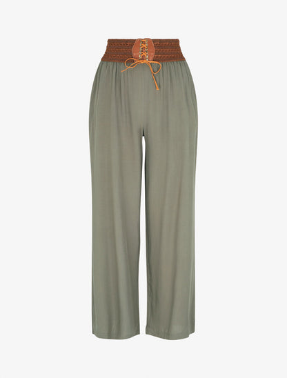 Pantalon uni taille haute style corset - Kaki - 5