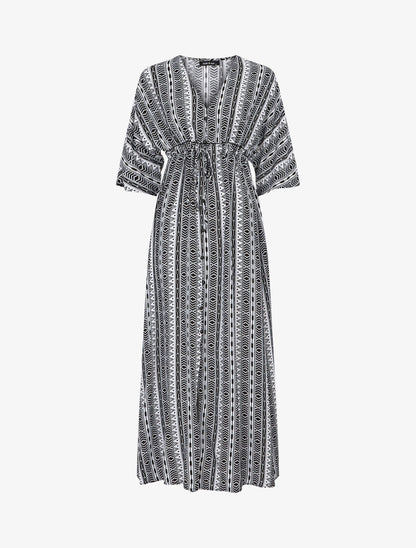 Robe longue imprimé graphique à manches 3/4 - Noir - 5
