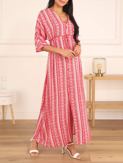 Robe longue imprimé graphique à manches 3/4 - Rouge - 4