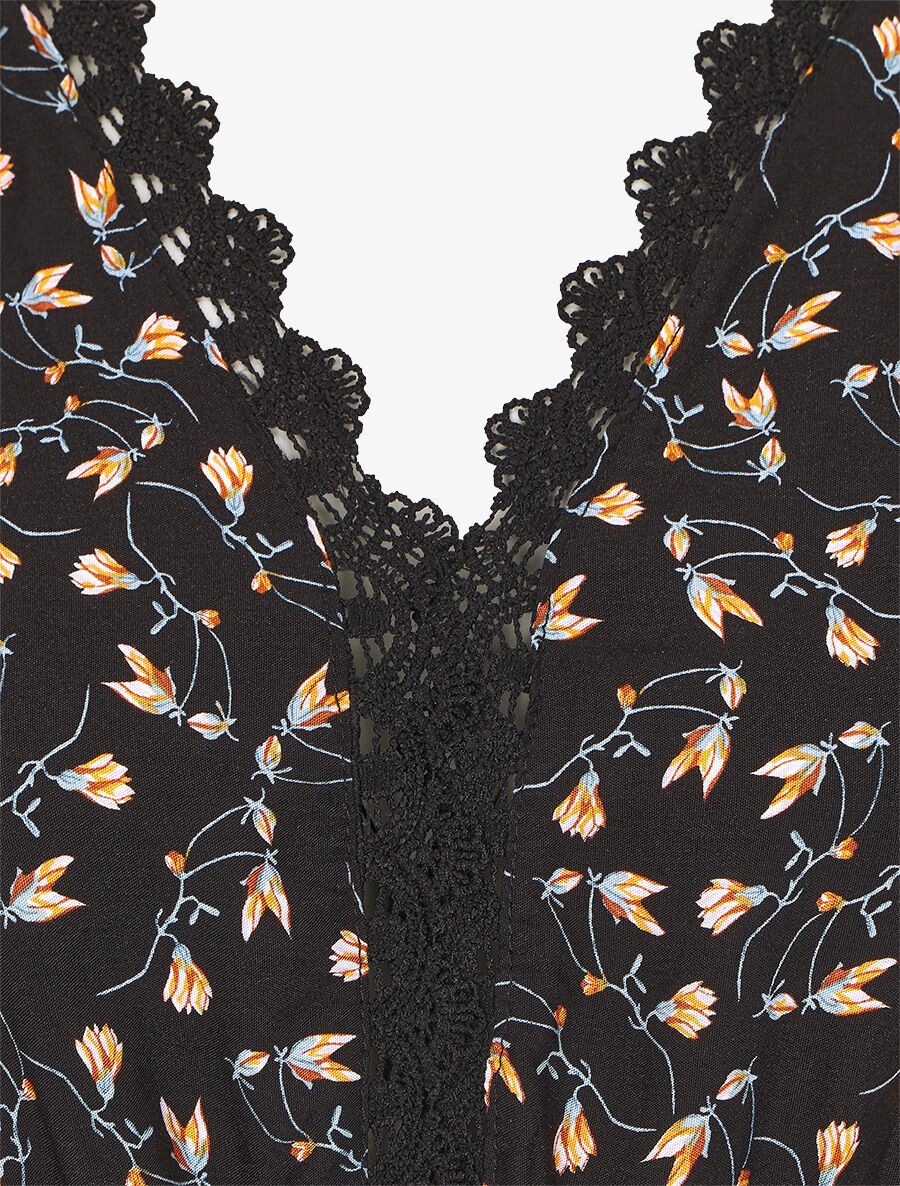 Robe imprimé petites fleurs à double manches - Noir - 3